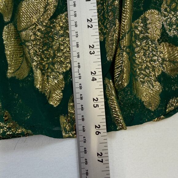 Mille Resort Travel Womens Blouse Green Gold L Silk Ruffle Mock Neck Sheer Party - Picture 10 of 12